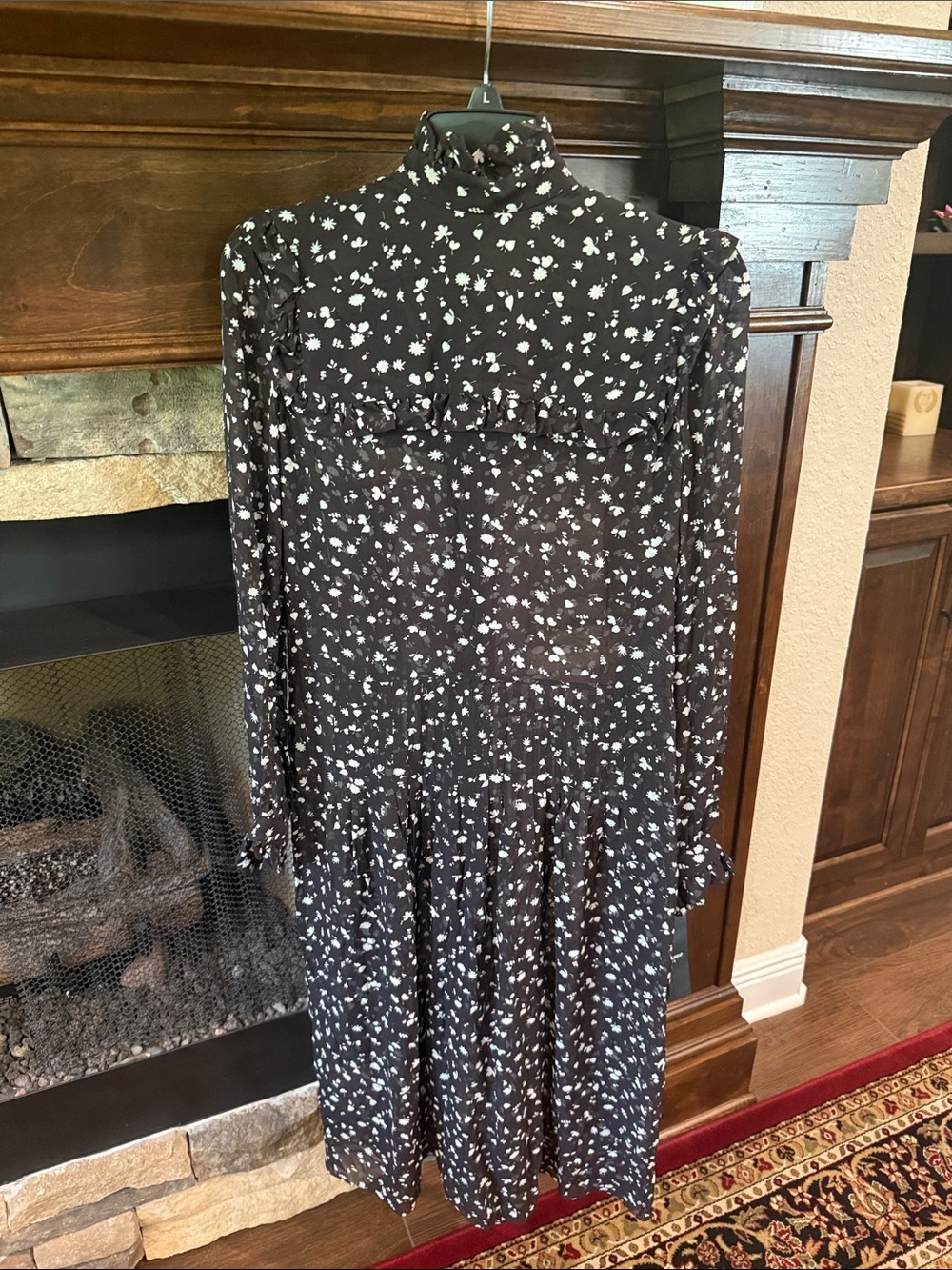 Saint Laurent Black Dress with White Floral Print and High Neck